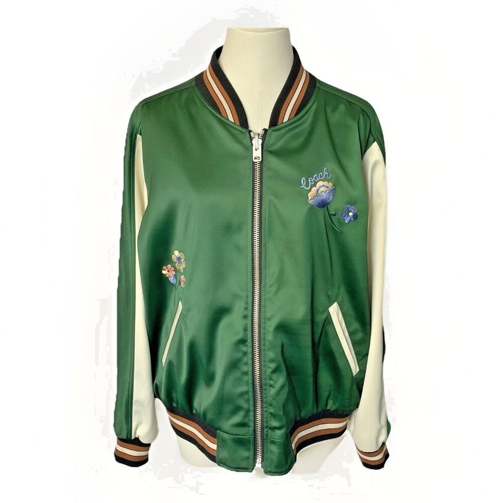 Coach Reversible Souvenir Bomber Jacket Green Floral Signature C Large - Picture 5 of 16